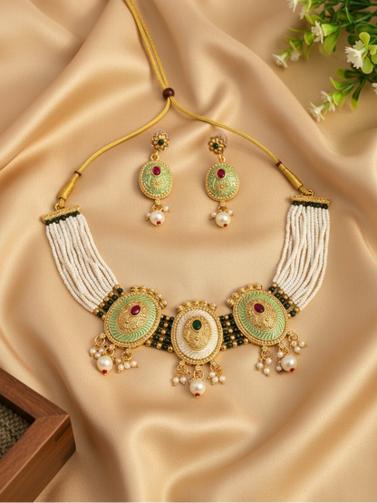 Pearl Strand Medallion Choker Necklace & Earrings Set