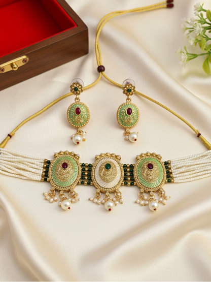 Pearl Strand Medallion Choker Necklace & Earrings Set