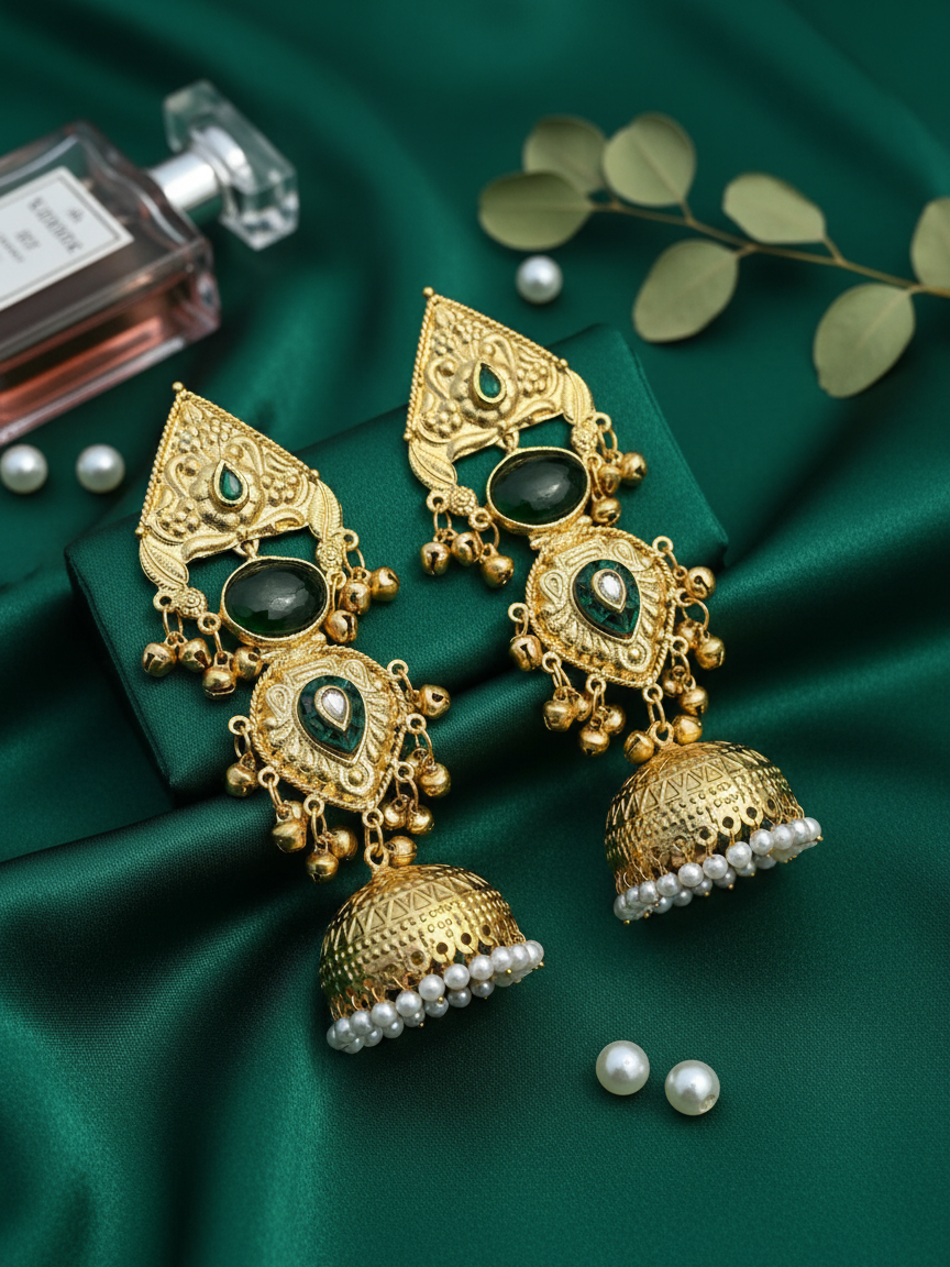 Emerald Temple Jhumka Earrings