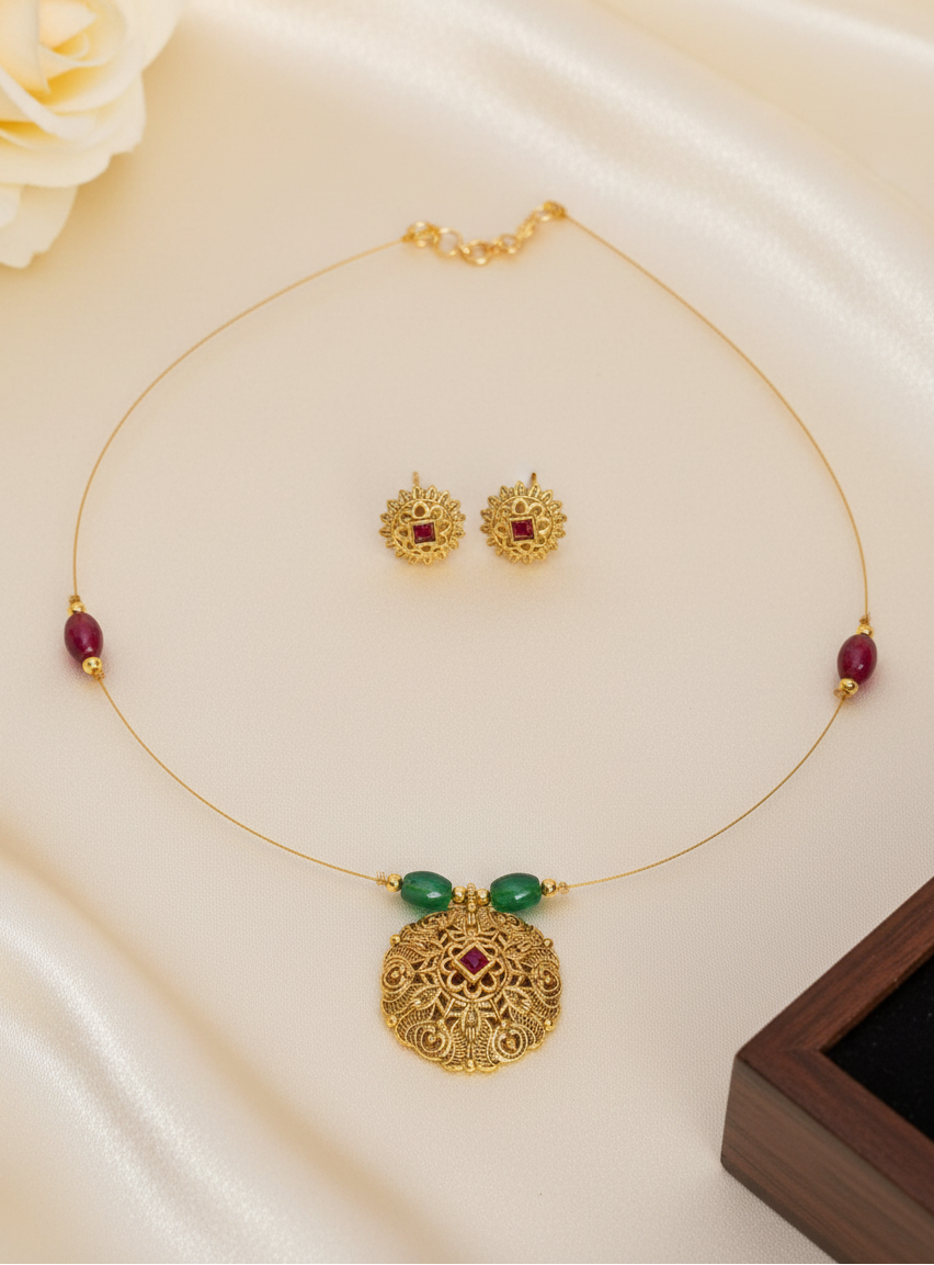 Ratna Medallion Minimalist Necklace & Earrings Set