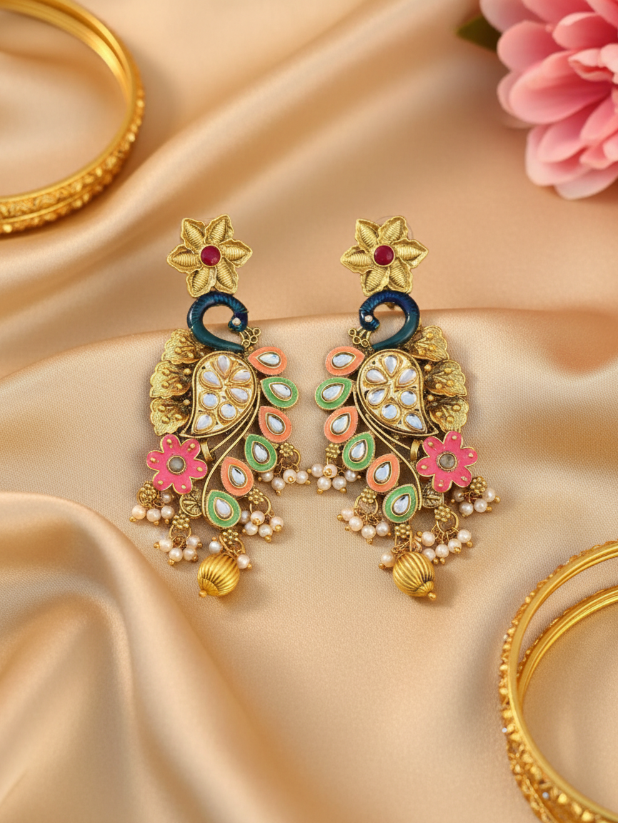 Festive Peacock Cascade Earrings with Pearl Clusters