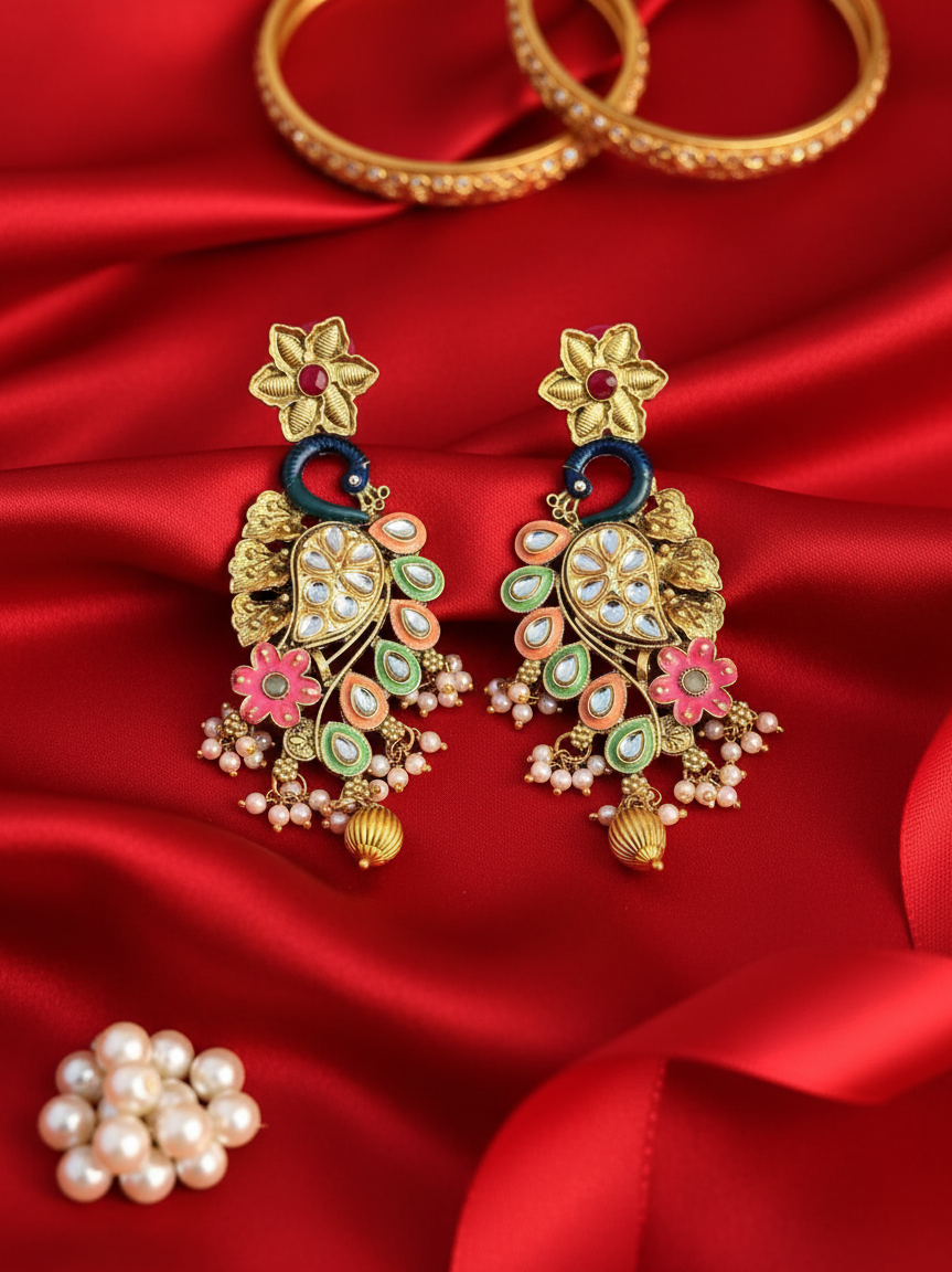 Festive Peacock Cascade Earrings with Pearl Clusters