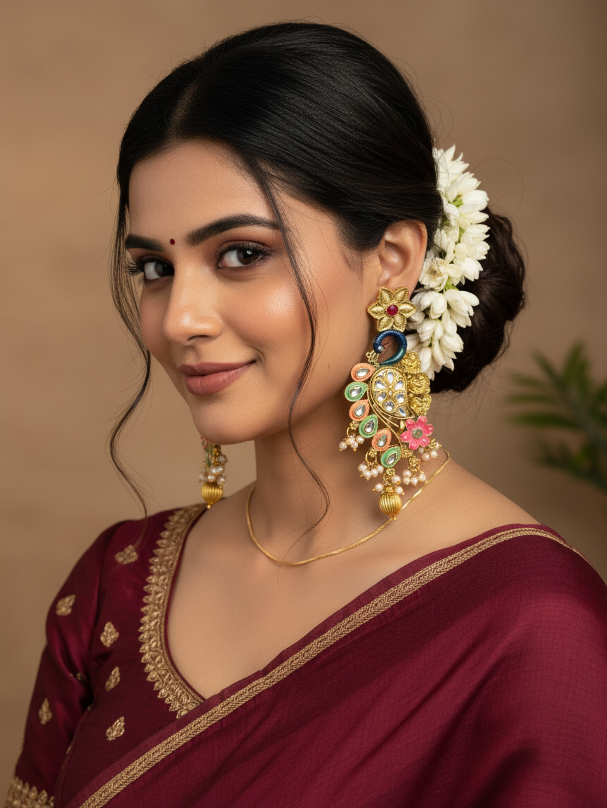 Festive Peacock Cascade Earrings with Pearl Clusters