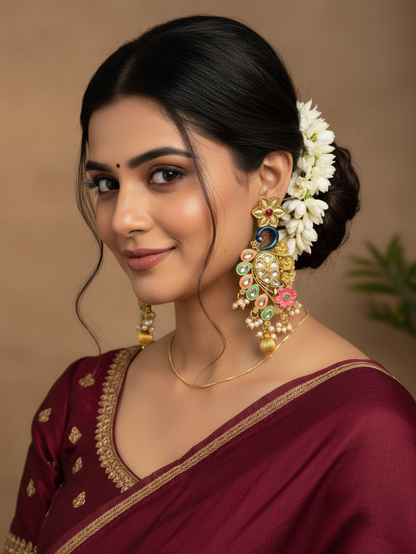 Festive Peacock Cascade Earrings with Pearl Clusters
