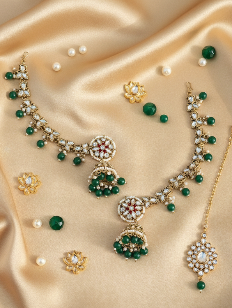 Emerald Blossom Kundan Necklace & Jhumka Set with Maang Tikka