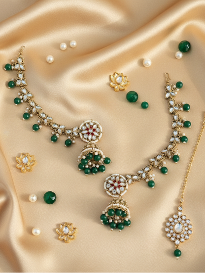 Emerald Blossom Kundan Necklace & Jhumka Set with Maang Tikka