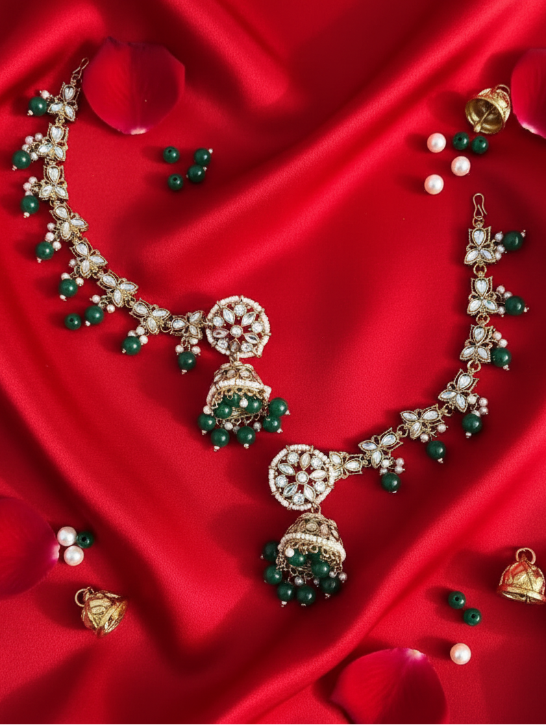 Emerald Blossom Kundan Necklace & Jhumka Set with Maang Tikka