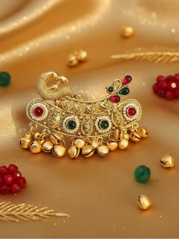 Royal Peacock Dynasty Double Finger Ring with Pearl Fringe