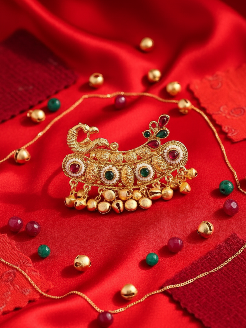 Royal Peacock Dynasty Double Finger Ring with Pearl Fringe