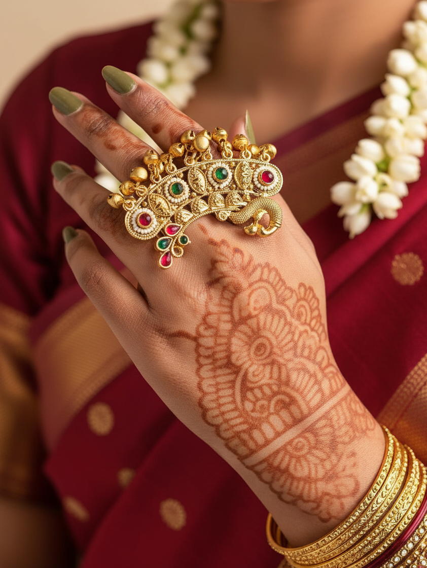 Royal Peacock Dynasty Double Finger Ring with Pearl Fringe