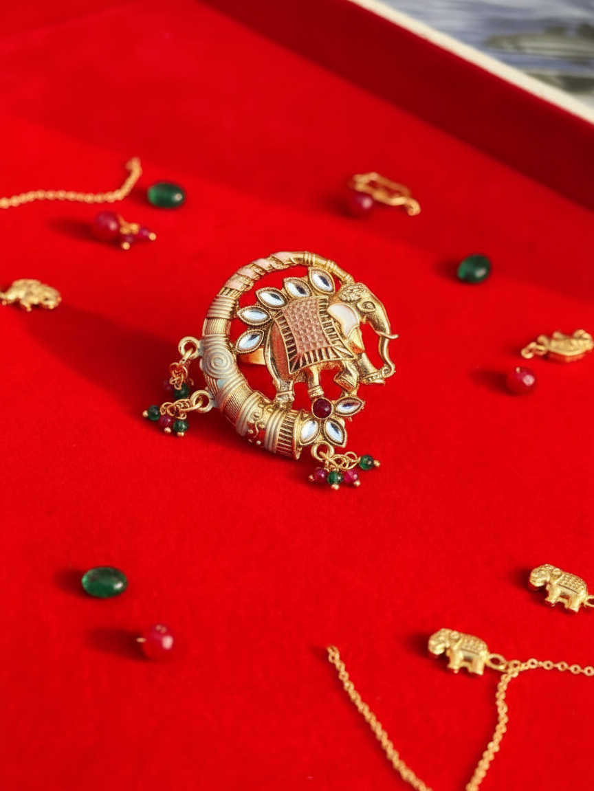 Heritage Elephant Majesty Ring with Kundan Plume