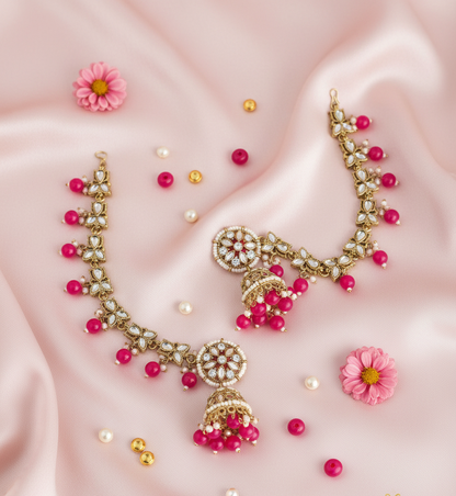 Fuchsia Bloom Kundan Jhumka & Maang Tikka Set
