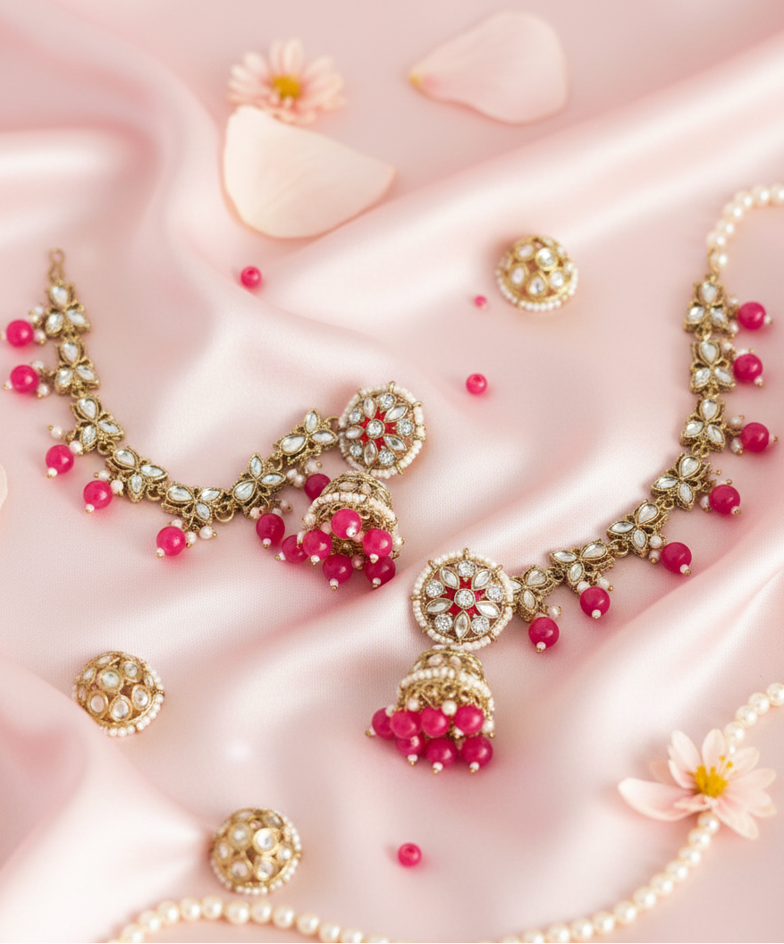 Fuchsia Bloom Kundan Jhumka & Maang Tikka Set