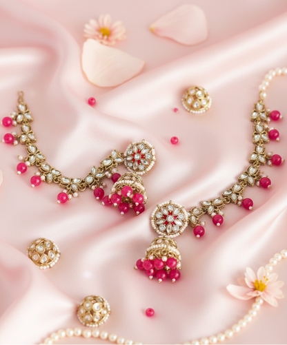 Fuchsia Bloom Kundan Jhumka & Maang Tikka Set