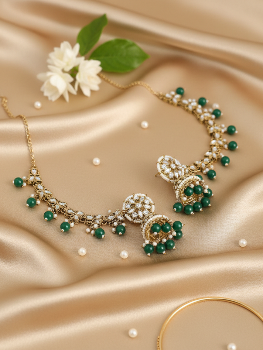 Emerald Blossom Kundan Necklace & Jhumka Set with Maang Tikka