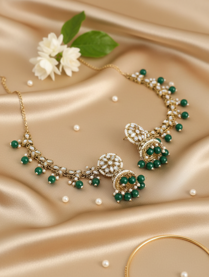 Emerald Blossom Kundan Necklace & Jhumka Set with Maang Tikka