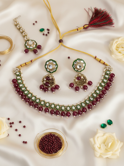 Emerald Kundan Choker, Earrings & Maang Tikka Set with Garnet Cascade