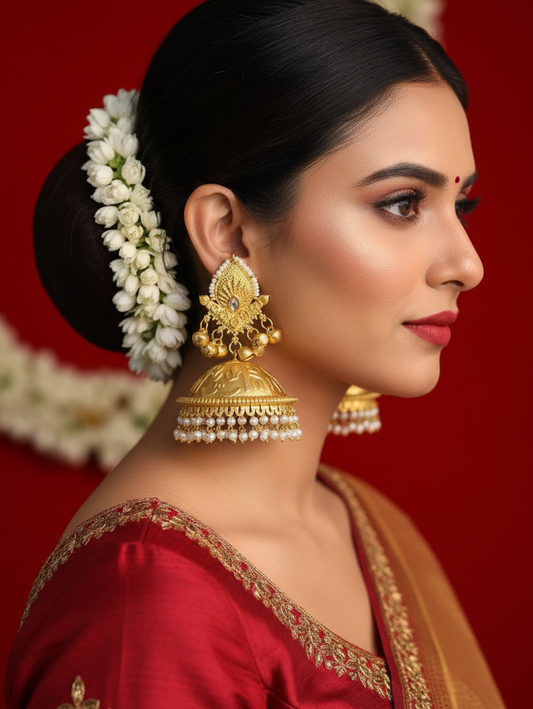Golden Temple Jhumka Earrings with Pearl Fringe