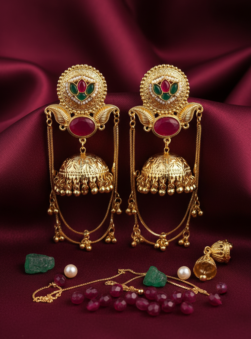 Royal Peacock Jhumka Earrings with Chain Cascade & Ruby Accents