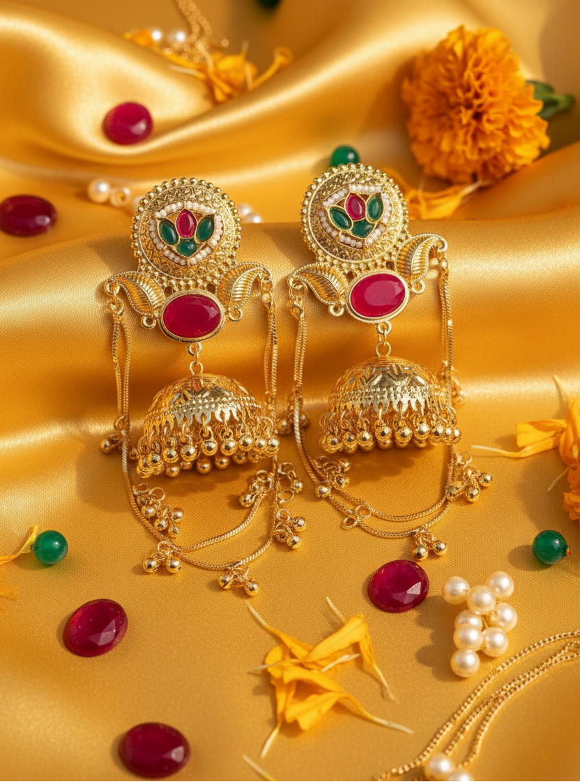 Royal Peacock Jhumka Earrings with Chain Cascade & Ruby Accents