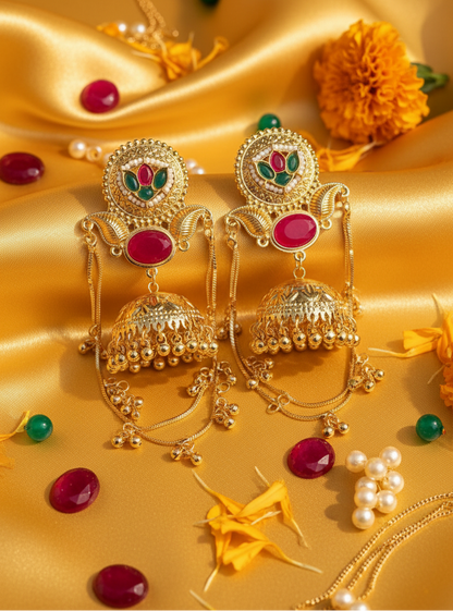 Royal Peacock Jhumka Earrings with Chain Cascade & Ruby Accents