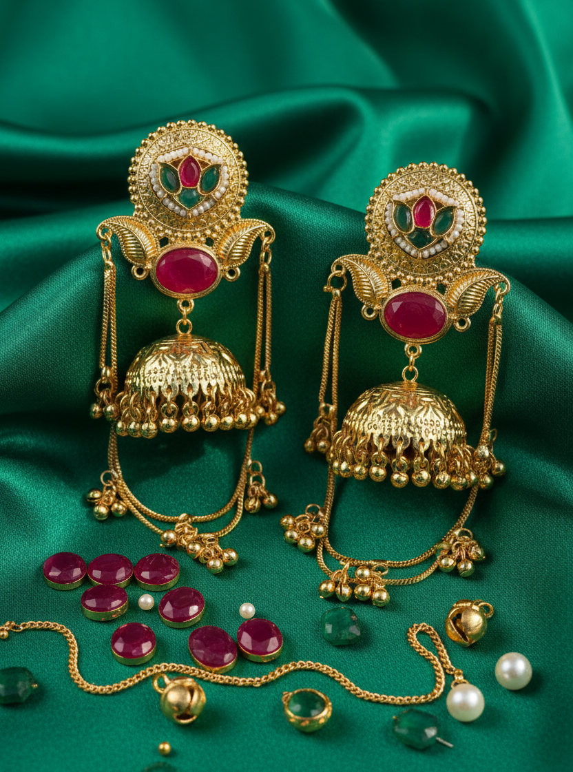 Royal Peacock Jhumka Earrings with Chain Cascade & Ruby Accents