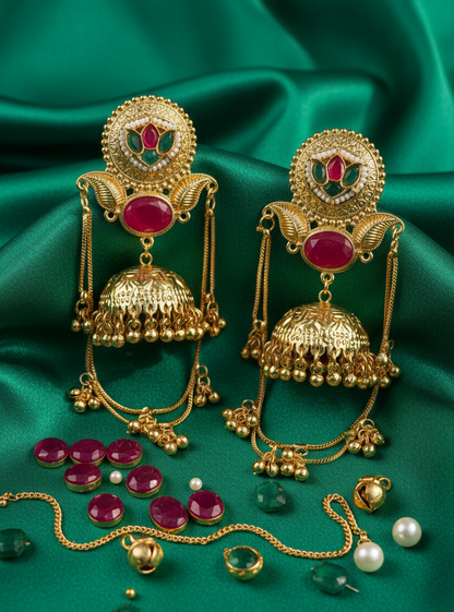 Royal Peacock Jhumka Earrings with Chain Cascade & Ruby Accents