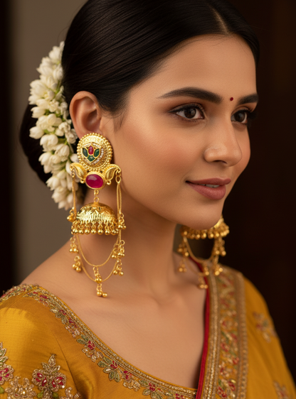 Royal Peacock Jhumka Earrings with Chain Cascade & Ruby Accents