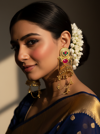 Royal Peacock Jhumka Earrings with Chain Cascade & Ruby Accents