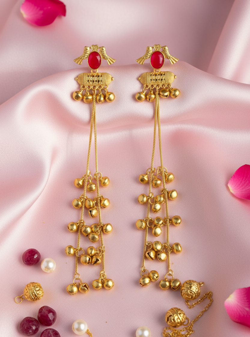 Ruby Blossom Ghungroo Cascade Earrings with Chain Dangles
