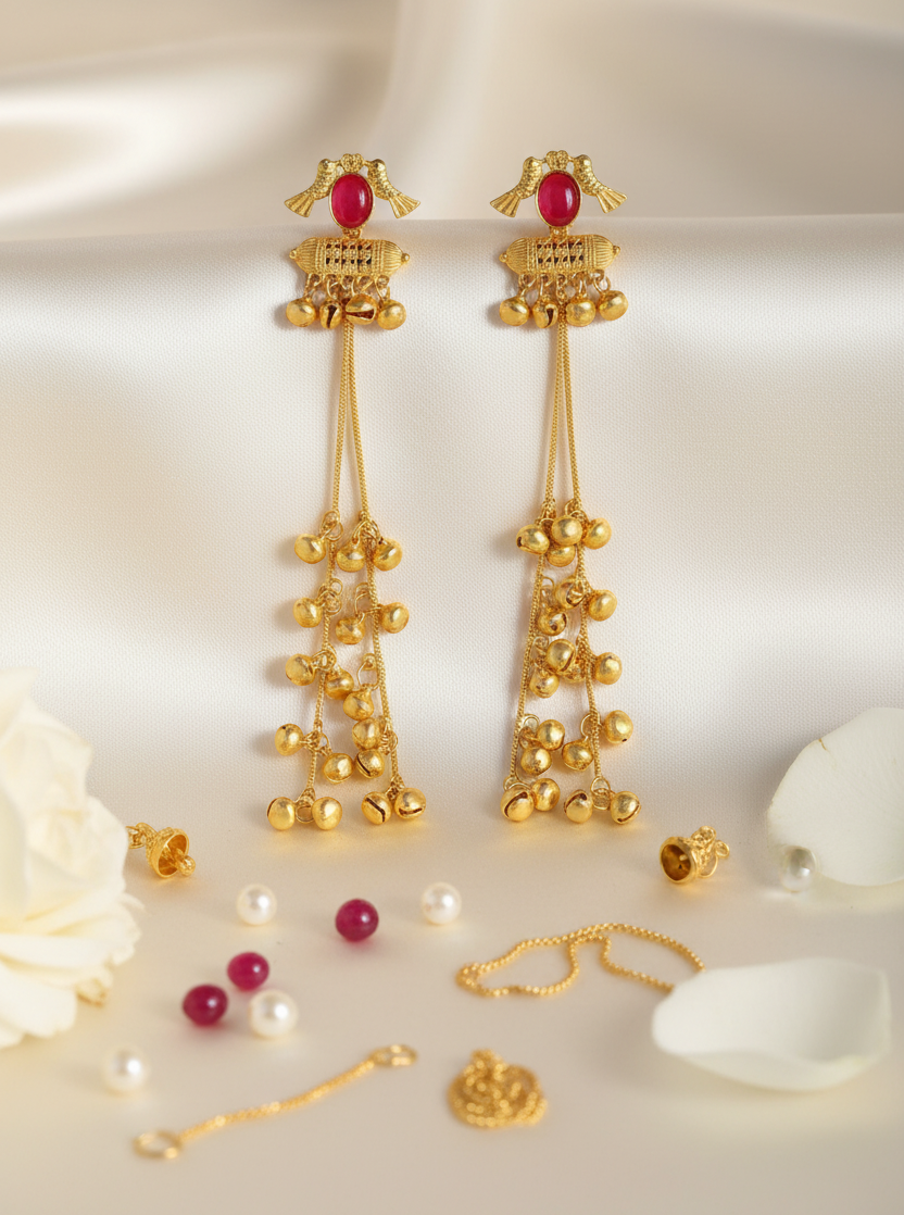 Ruby Blossom Ghungroo Cascade Earrings with Chain Dangles
