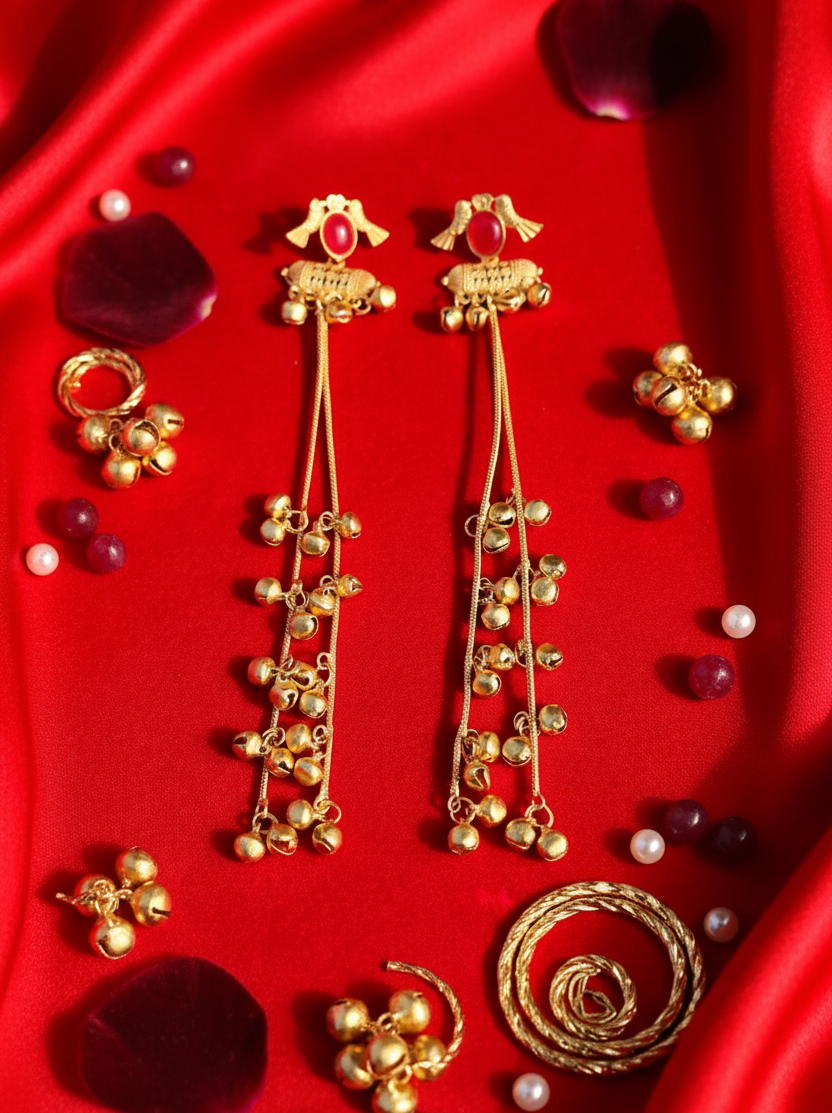 Ruby Blossom Ghungroo Cascade Earrings with Chain Dangles
