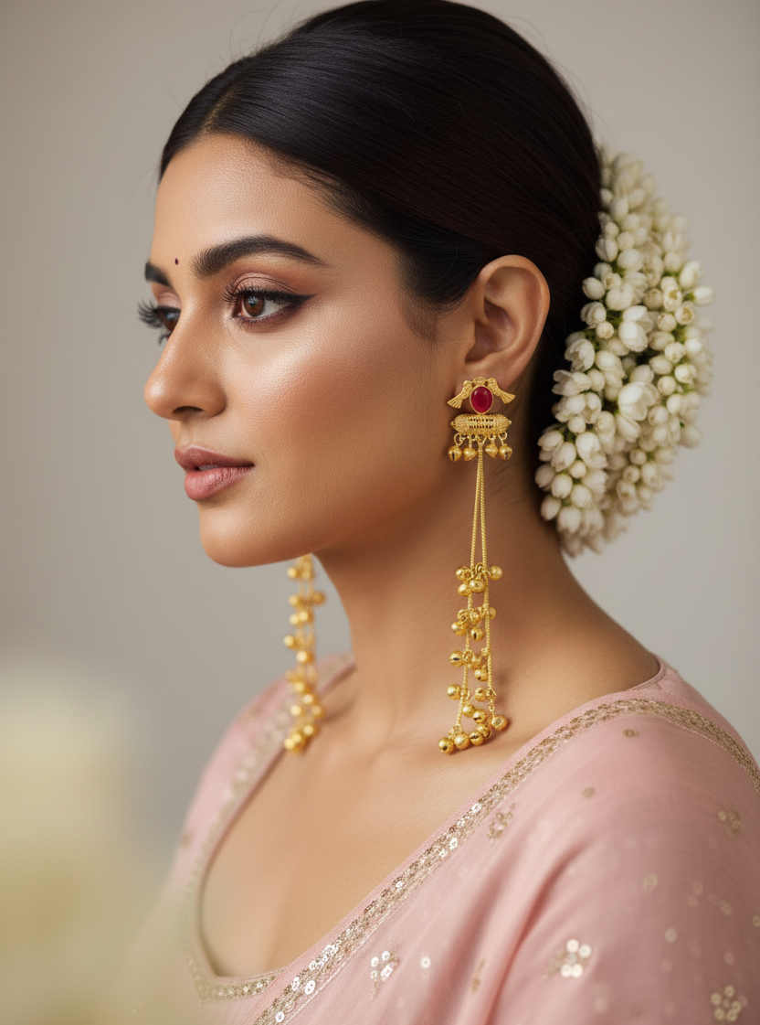 Ruby Blossom Ghungroo Cascade Earrings with Chain Dangles