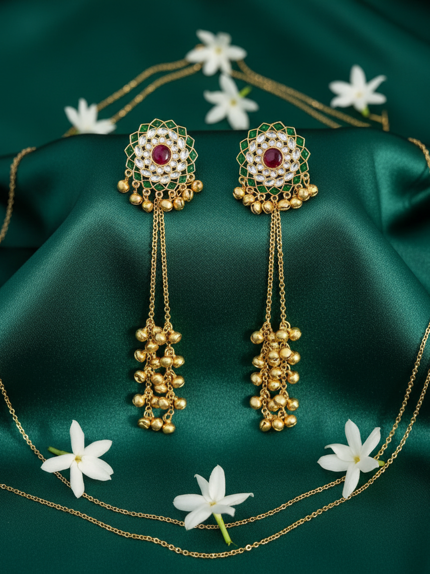 Meenakari Lotus Earrings with Golden Ghungroo Cascade
