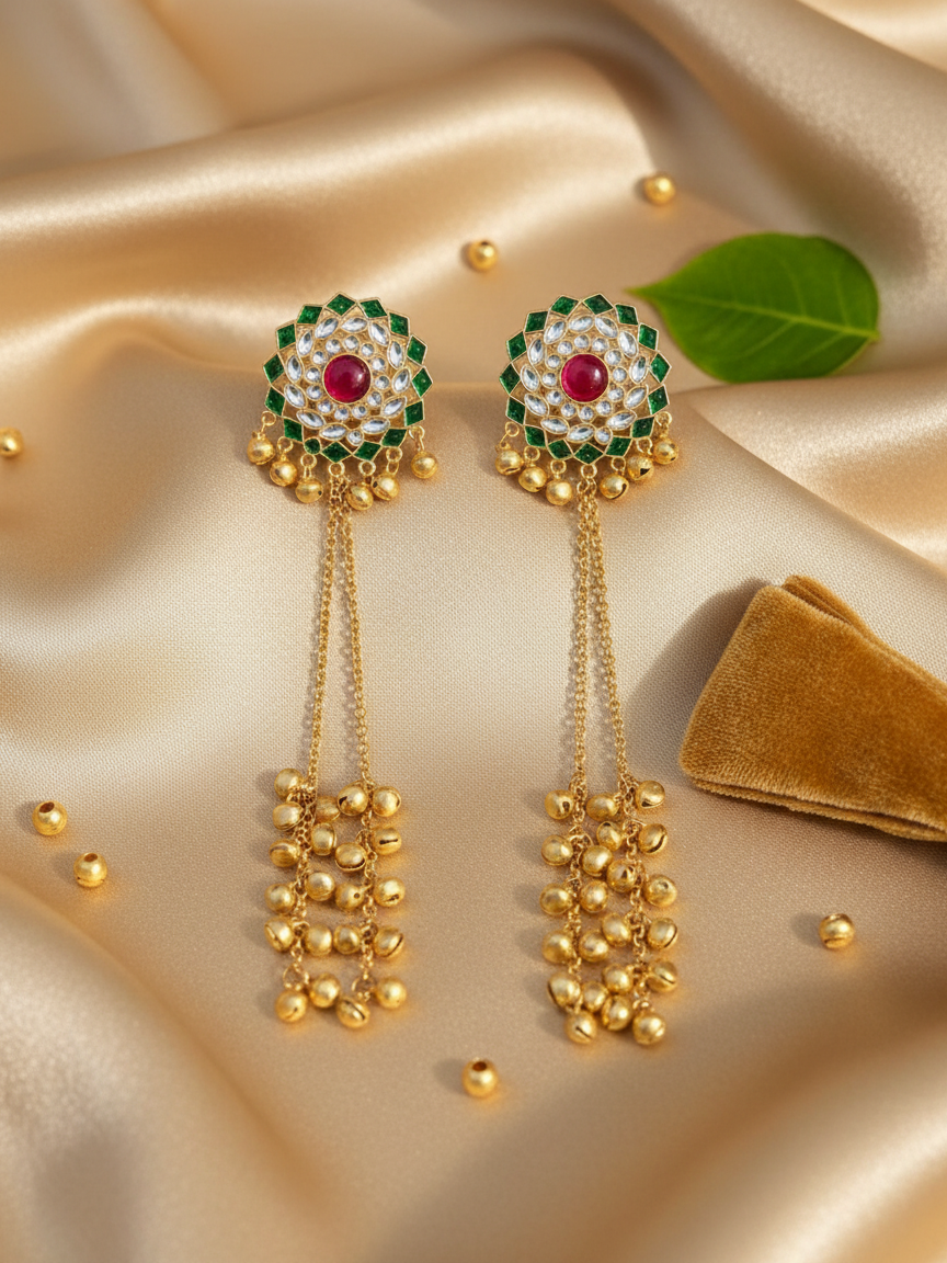 Meenakari Lotus Earrings with Golden Ghungroo Cascade