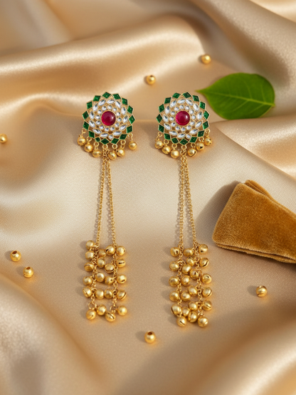 Meenakari Lotus Earrings with Golden Ghungroo Cascade