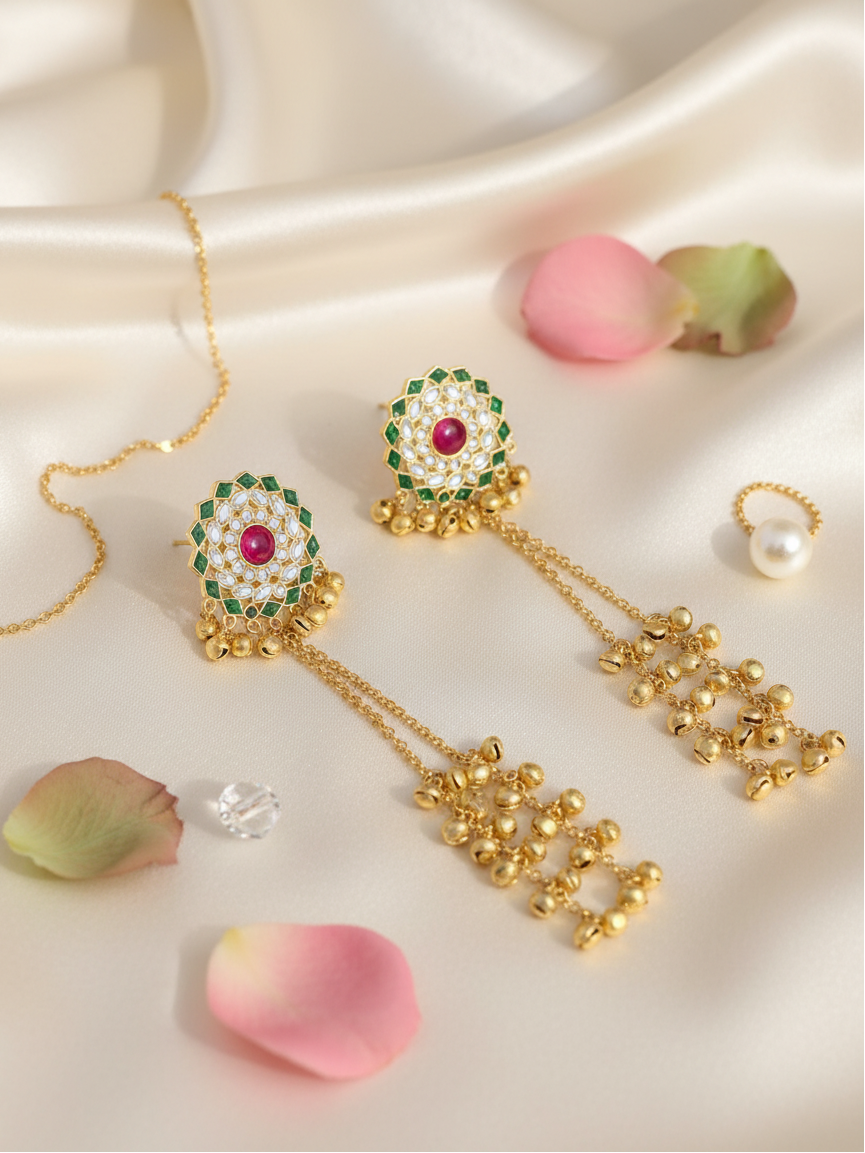 Meenakari Lotus Earrings with Golden Ghungroo Cascade