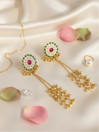 Meenakari Lotus Earrings with Golden Ghungroo Cascade