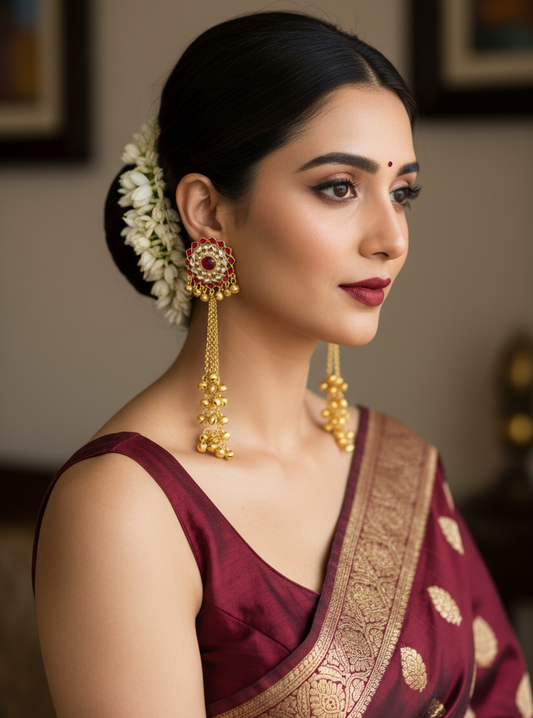 Rose Gold Meenakari Lotus Earrings with Graduated Ghungroo Cascade