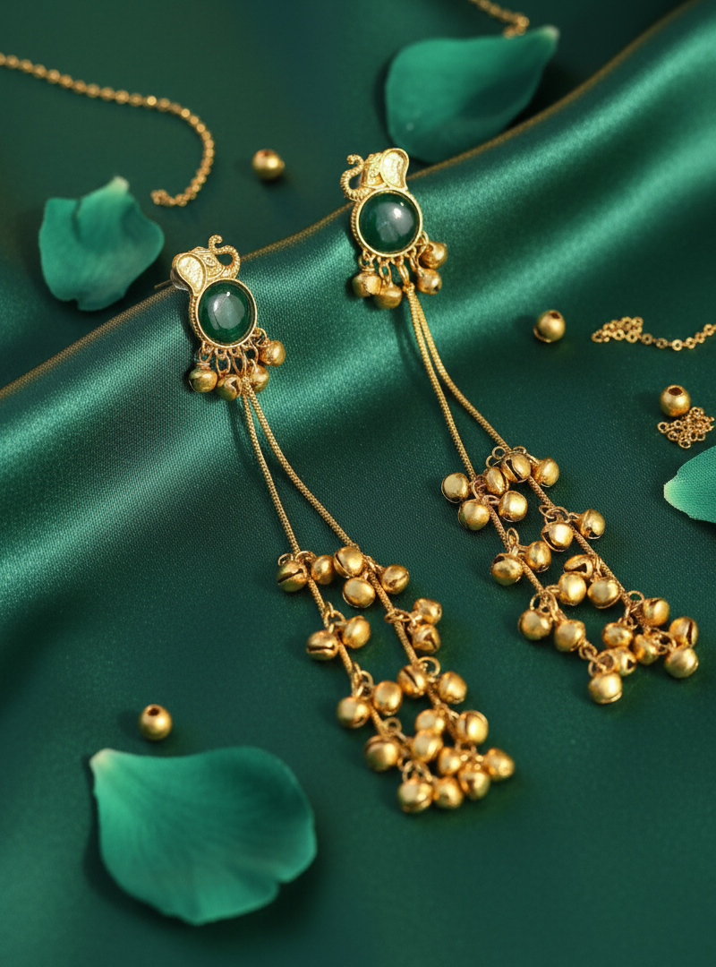 Emerald Elephant Earrings with Golden Ghungroo Cascade