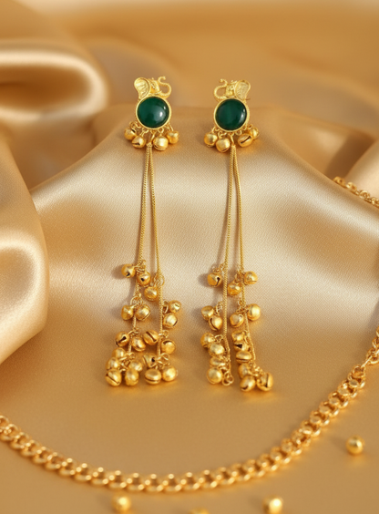 Emerald Elephant Earrings with Golden Ghungroo Cascade