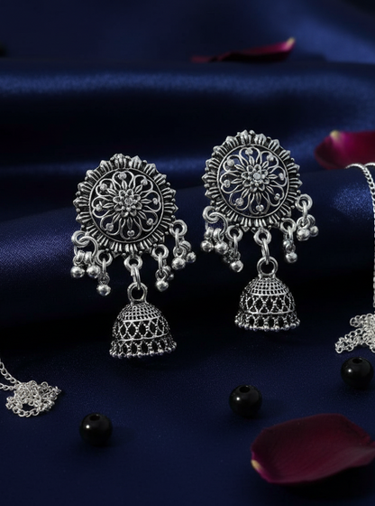 Oxidized Silver Temple Jhumka Earrings with Ruby Accents