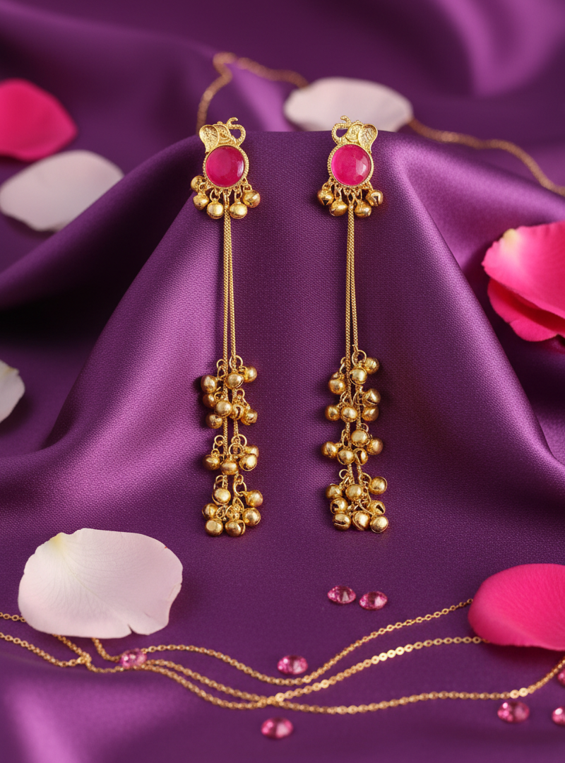 Fuchsia Elephant Earrings with Golden Ghungroo Cascade