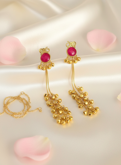 Fuchsia Elephant Earrings with Golden Ghungroo Cascade