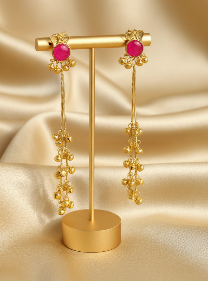 Fuchsia Elephant Earrings with Golden Ghungroo Cascade