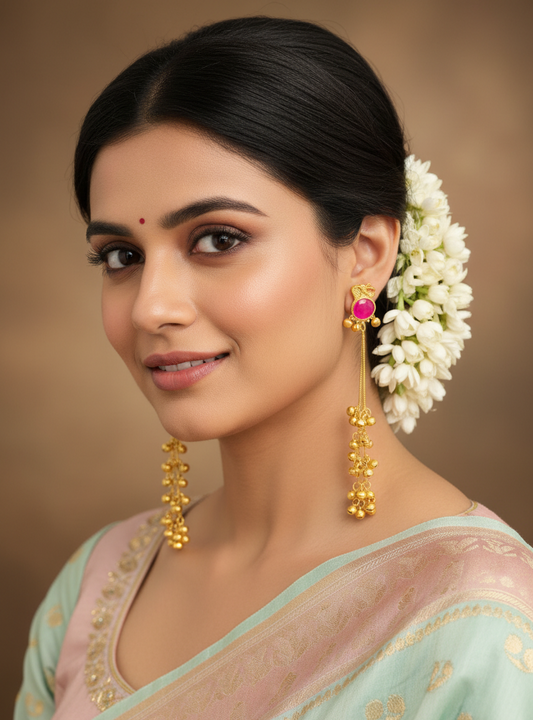 Fuchsia Elephant Earrings with Golden Ghungroo Cascade