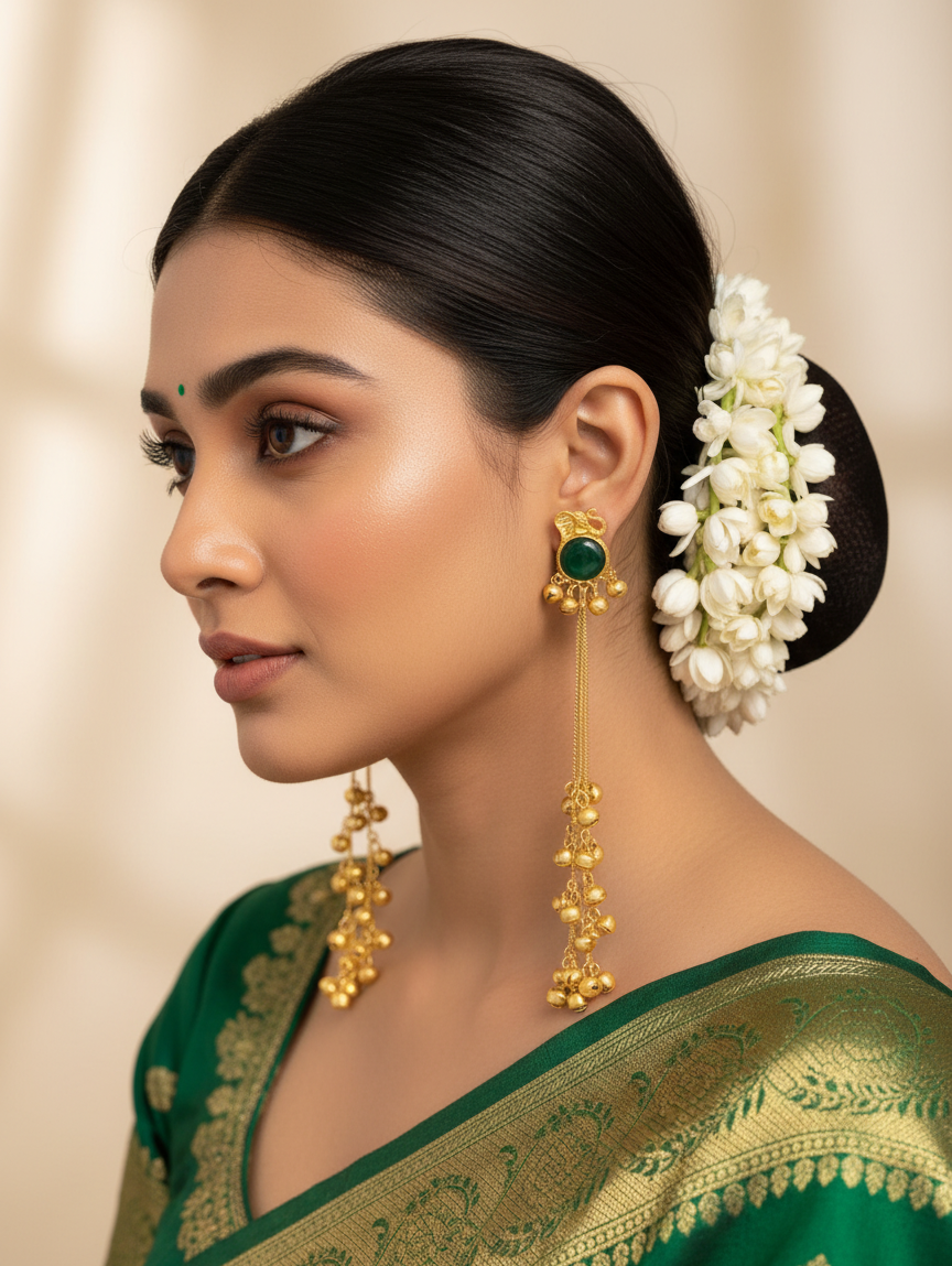 Emerald Elephant Earrings with Golden Ghungroo Cascade