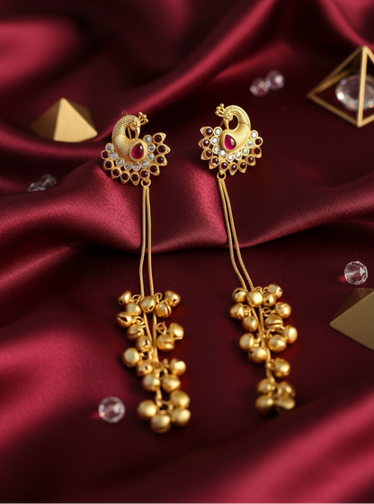 Ruby Crescent Peacock Earrings with Golden Ghungroo Cascade