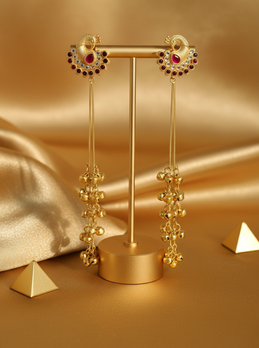 Ruby Crescent Peacock Earrings with Golden Ghungroo Cascade