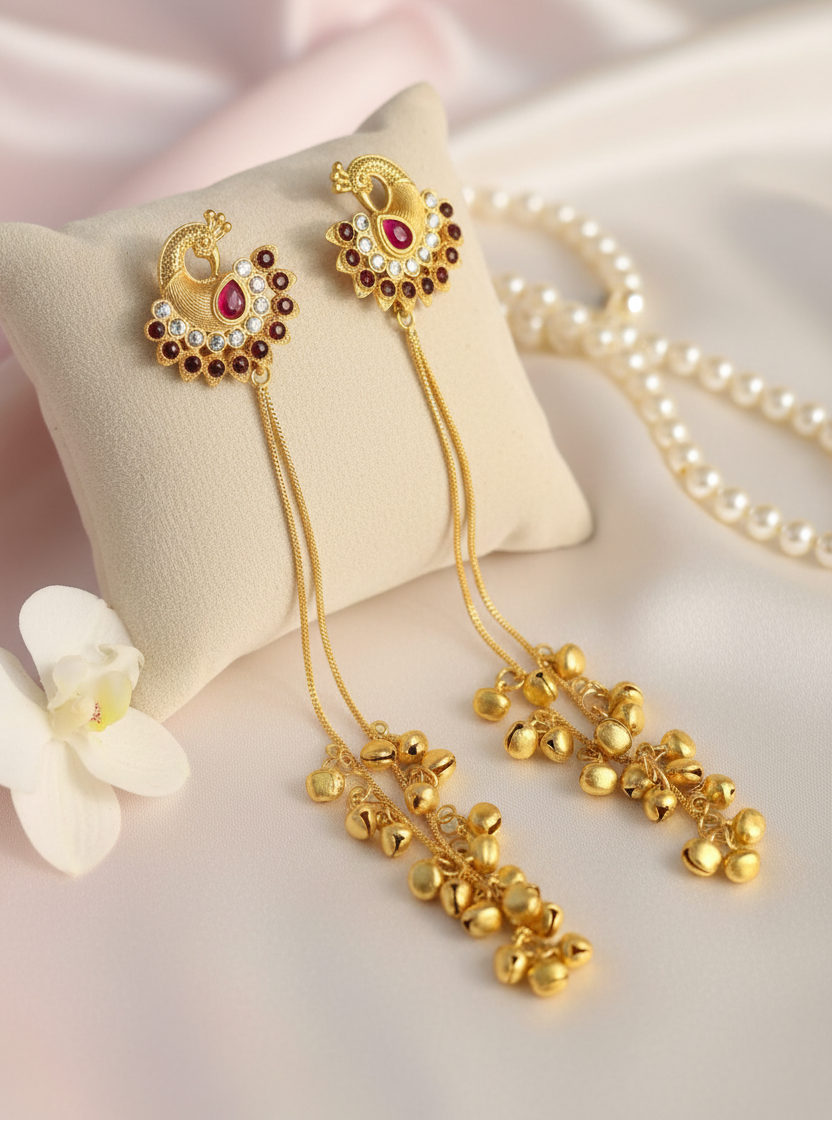 Ruby Crescent Peacock Earrings with Golden Ghungroo Cascade